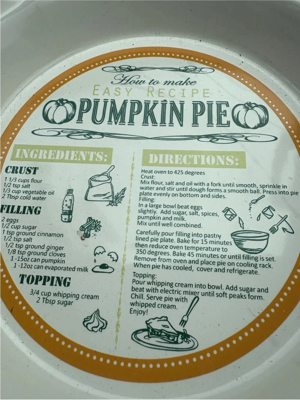 Ceramic Pumpkin Pie Recipe Pie Dish 10” Fluted Baking Plate Thanksgiving